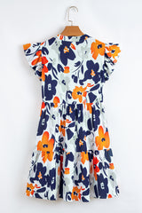 Orange Floral Print Notched Neck Flutter Sleeve Mini Dress Floral Dresses JT's Designer Fashion
