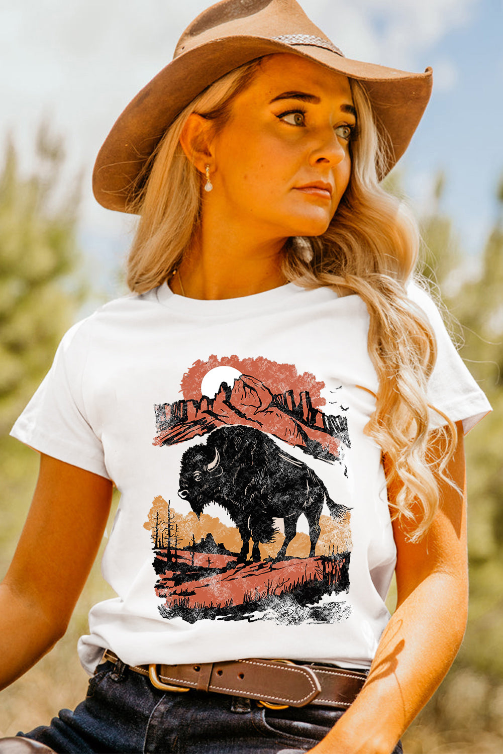 White Western Buffalo On Plains Graphic Crew Neck Tee Graphic Tees JT's Designer Fashion