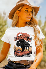 White Western Buffalo On Plains Graphic Crew Neck Tee Graphic Tees JT's Designer Fashion
