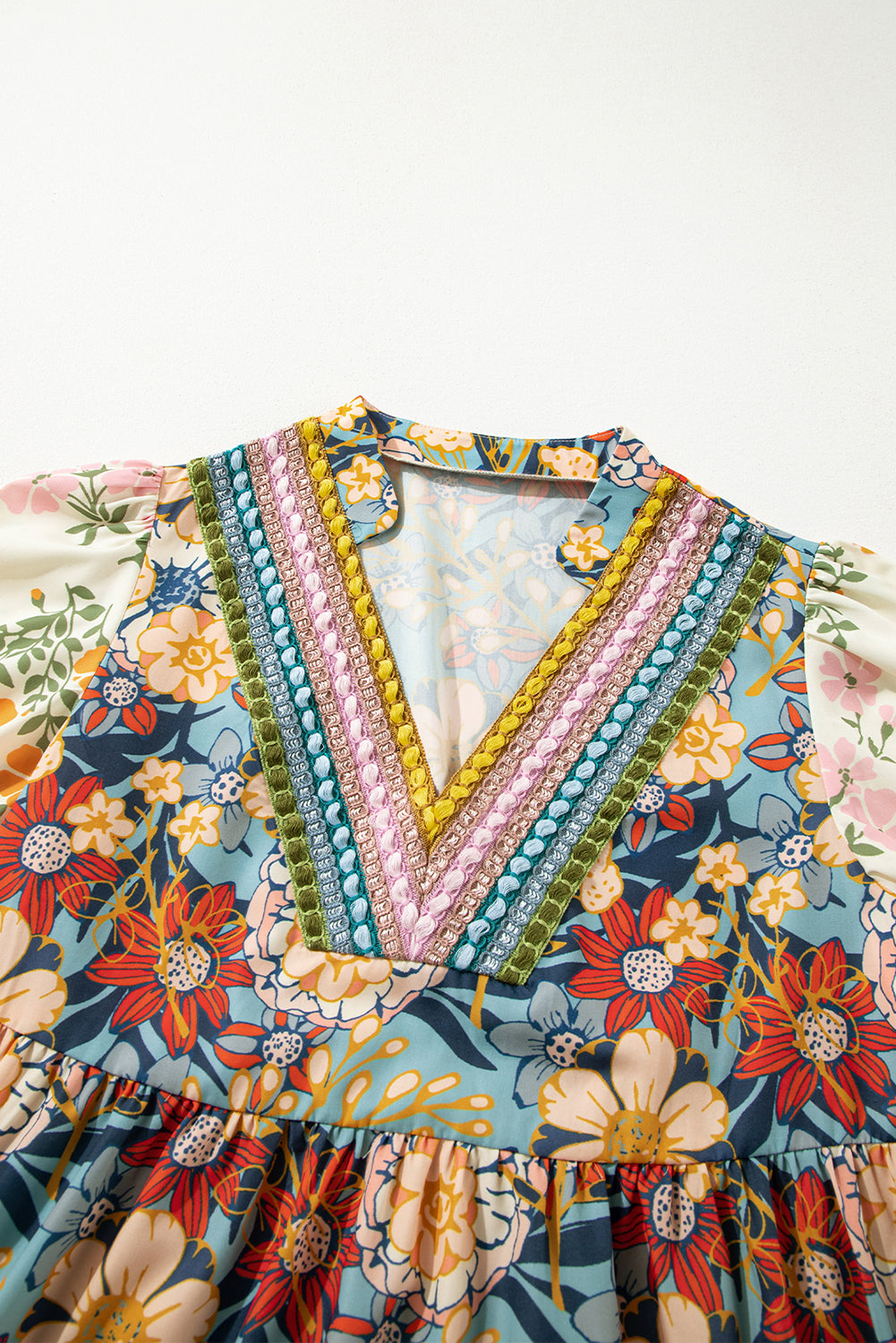 Multicolour Boho Floral Print Crochet Patchwork V Neck Loose Mini Dress Mini Dresses JT's Designer Fashion