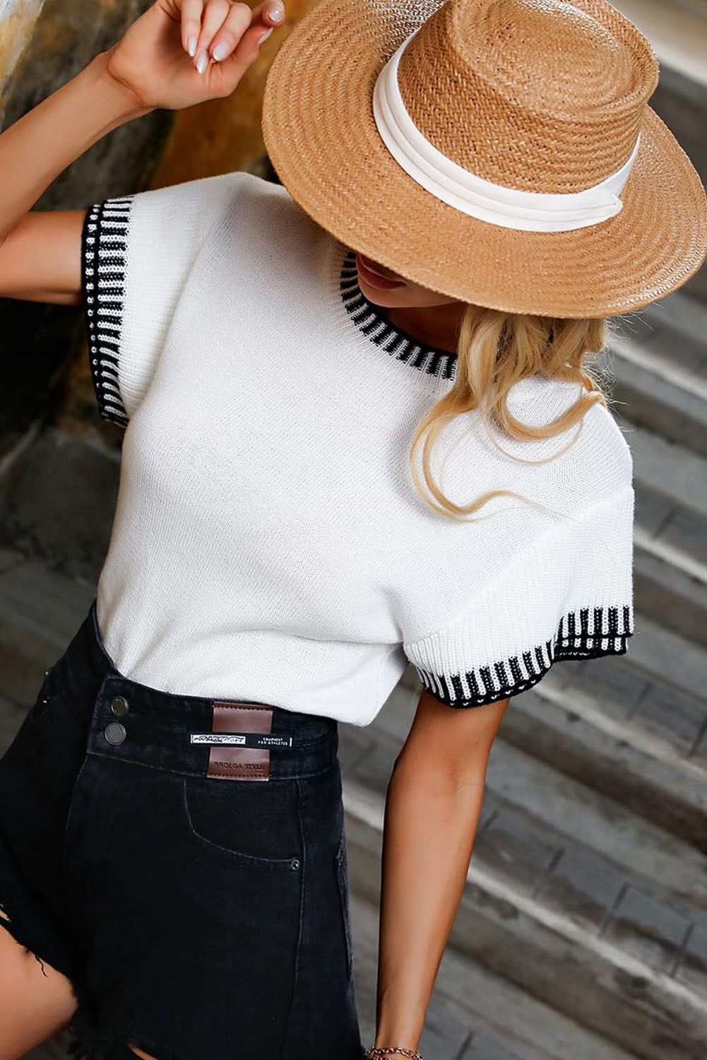 White Contrast Trim Round Neck Batwing Sleeve Knitted Top Sweaters & Cardigans JT's Designer Fashion