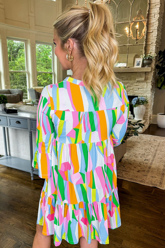 Green Abstract Print Ruffled Sleeve V Neck Dress Mini Dresses JT's Designer Fashion
