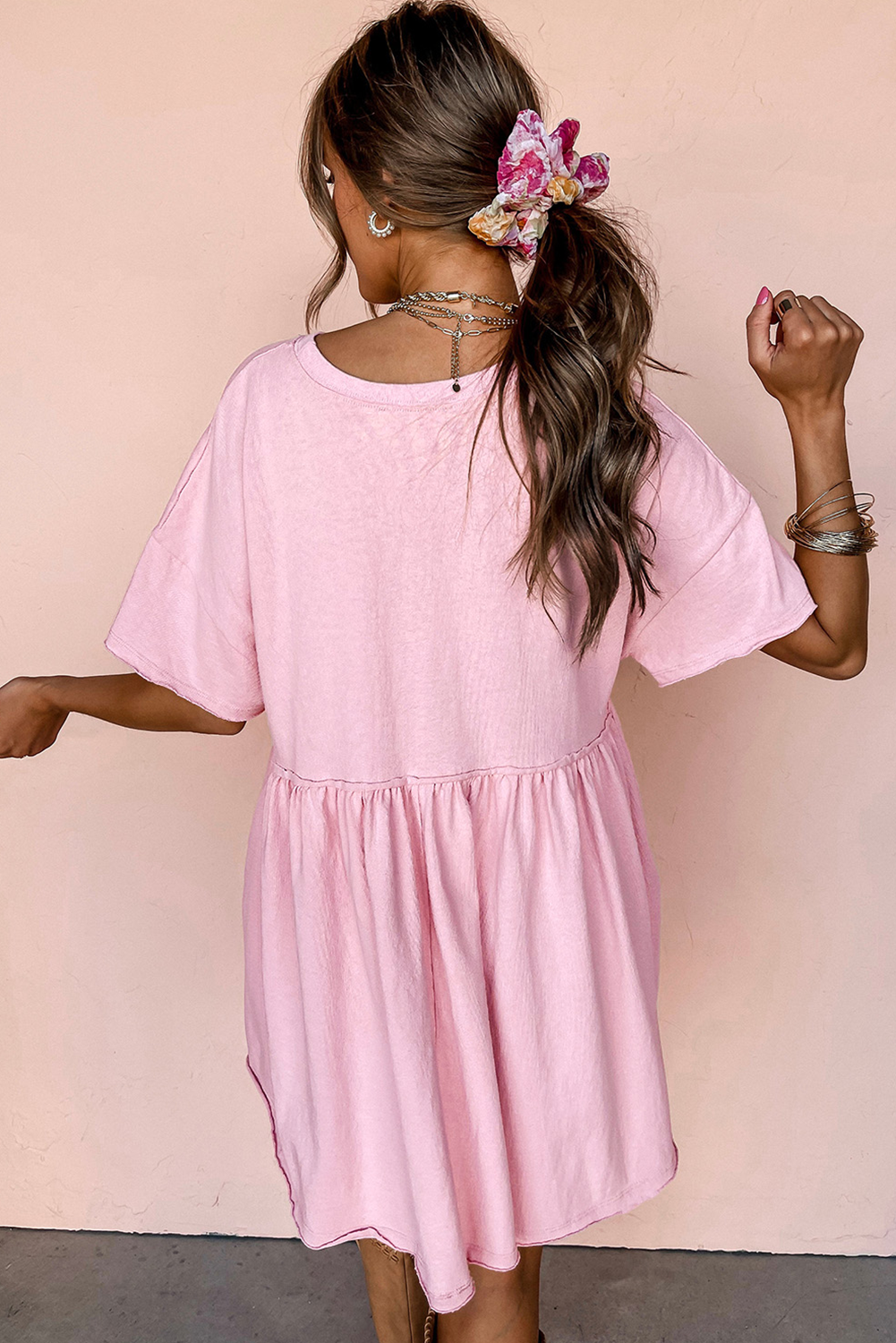Light Pink Sequined Note Pattern Raw Edge Music Festival Babydoll T-shirt Dress Graphic Dresses JT's Designer Fashion