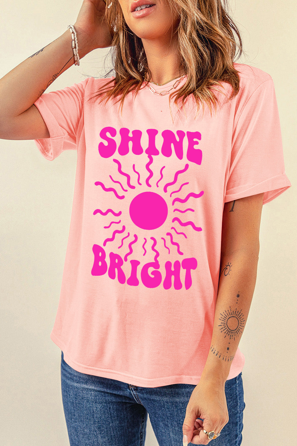 Pink SHINE BRIGHT Graphic Casual Tee Graphic Tees JT's Designer Fashion