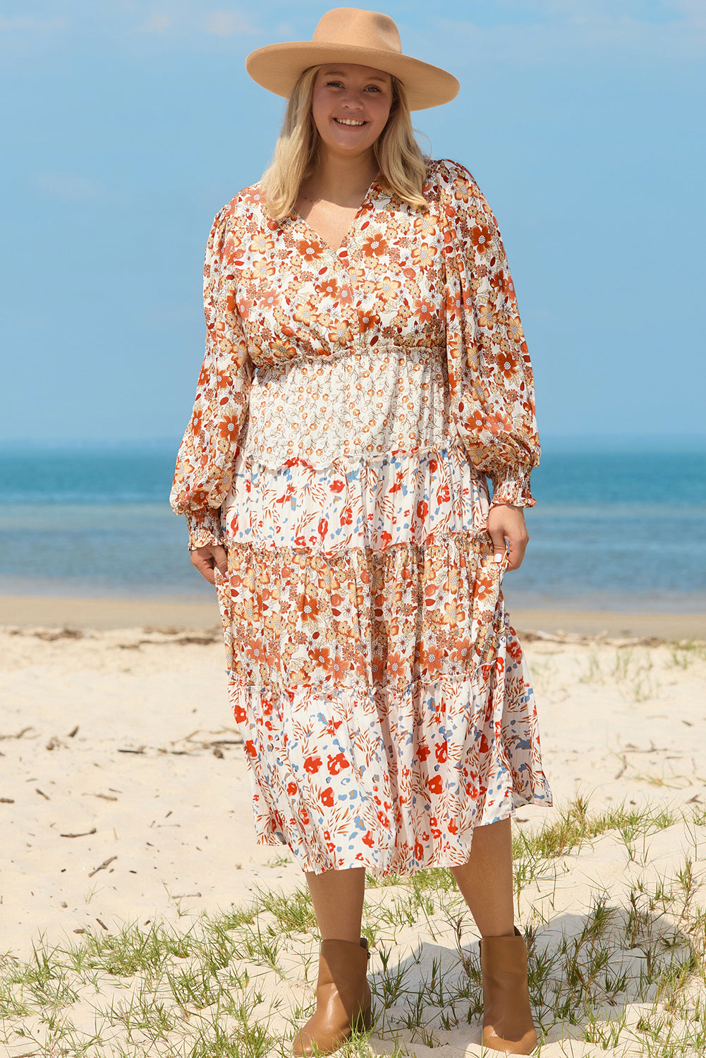 Khaki Plus Size Floral Tiered Ruffle Maxi Dress Khaki 100%Polyester Plus Size Maxi Dresses JT's Designer Fashion