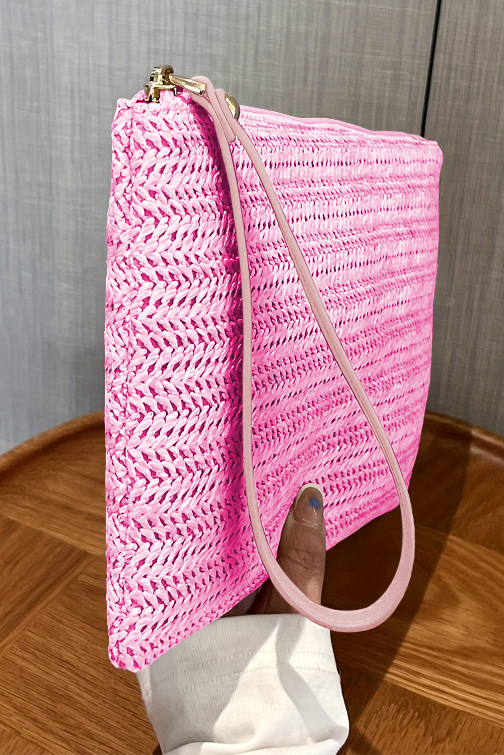 Rose Red Straw Woven Wrist Strap Zipper Large Wallet Handbags JT's Designer Fashion