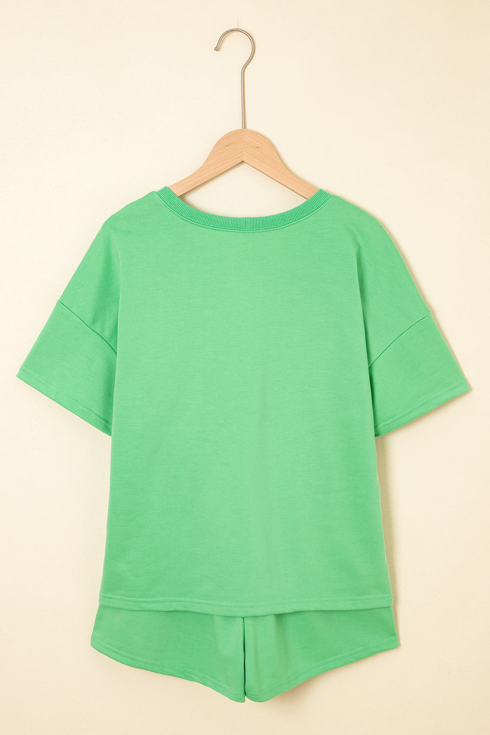 Mint Green V Neck Drop Shoulder Tee and Patchwork Drawstring Elastic Waistband Shorts Set Short Sets JT's Designer Fashion