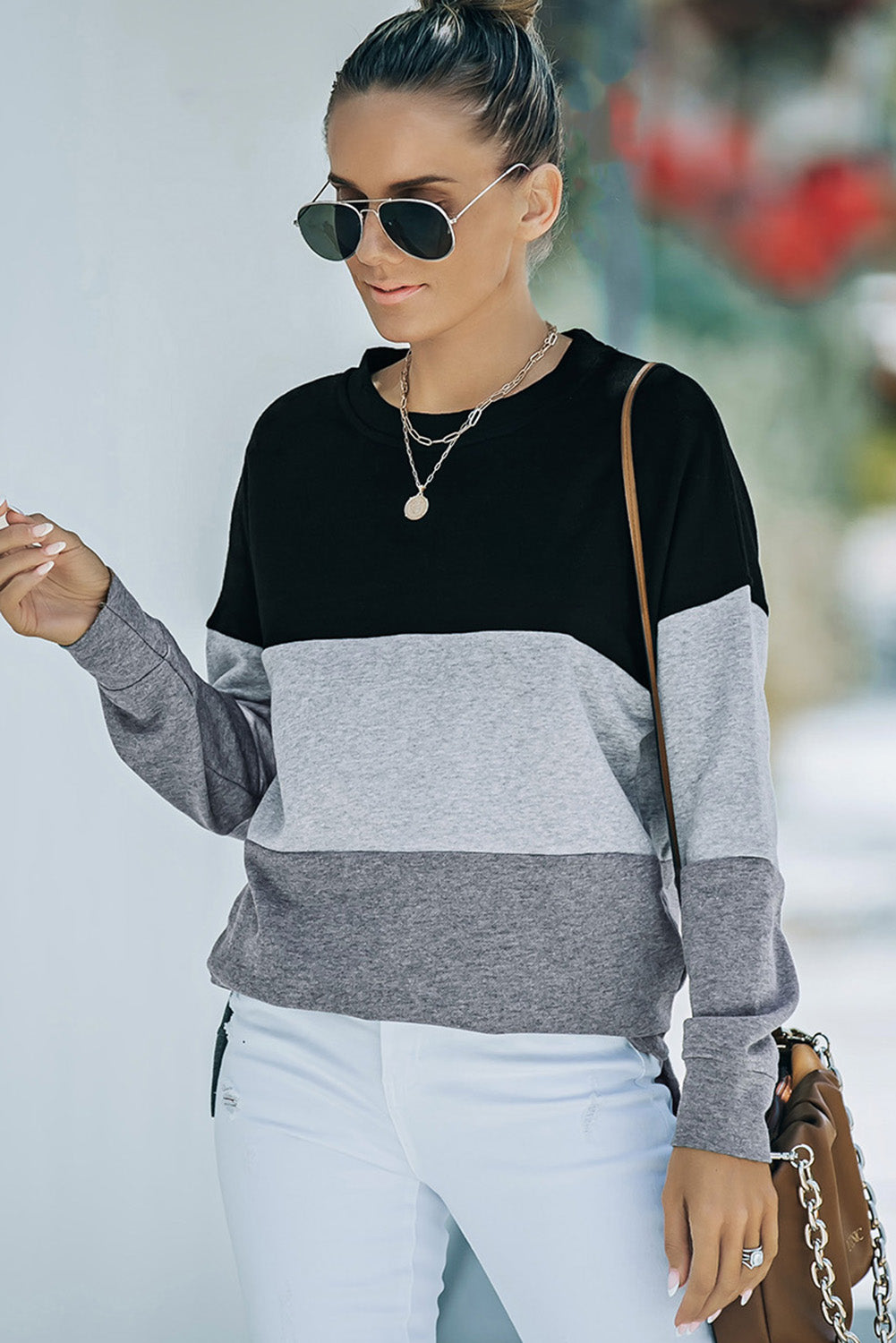 Colorblock Black Contrast Stitching Sweatshirt with Slits Sweatshirts & Hoodies JT's Designer Fashion