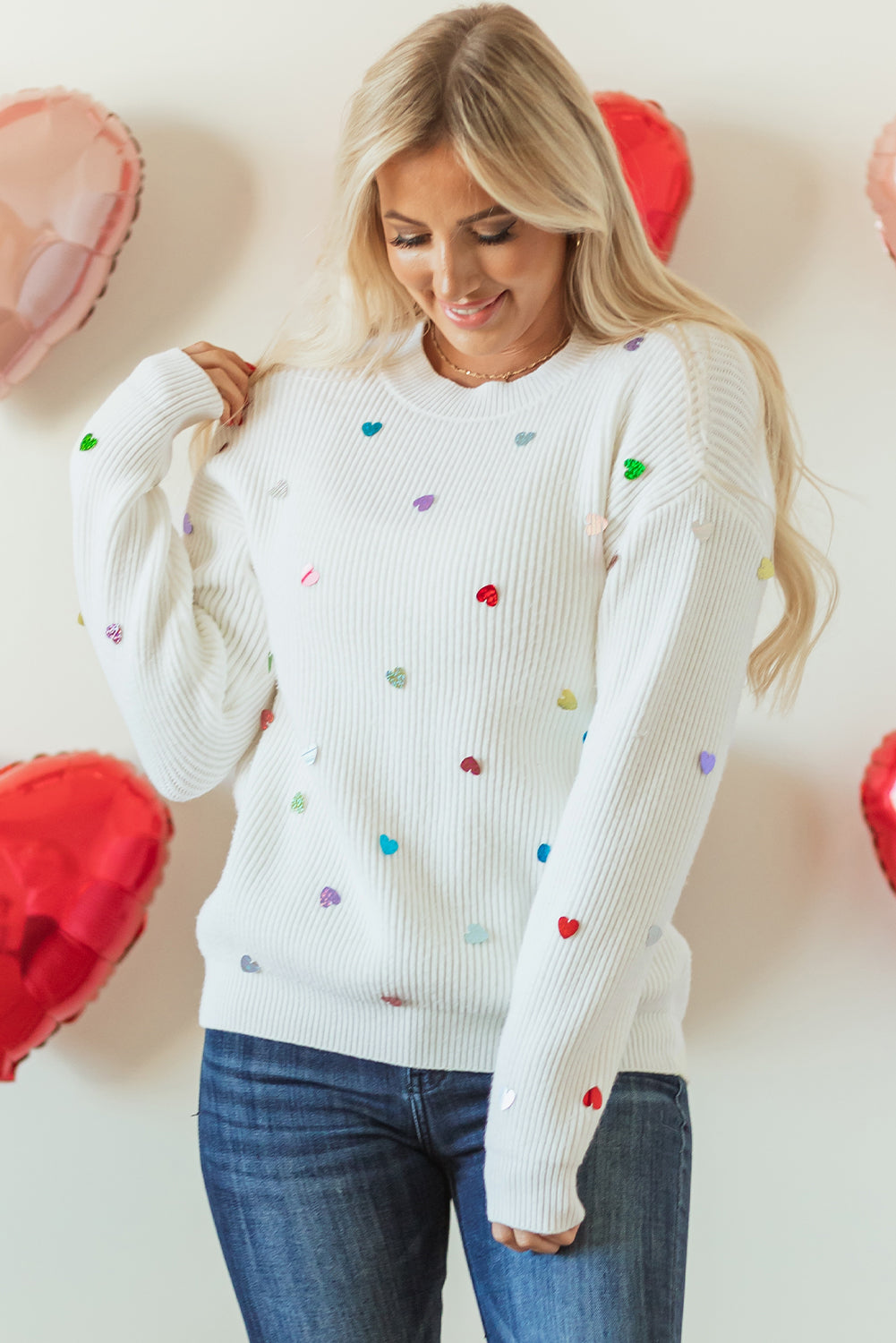 Beige Sequin Heart Shape Waffle Knit Round Neck Sweater Sweaters JT's Designer Fashion