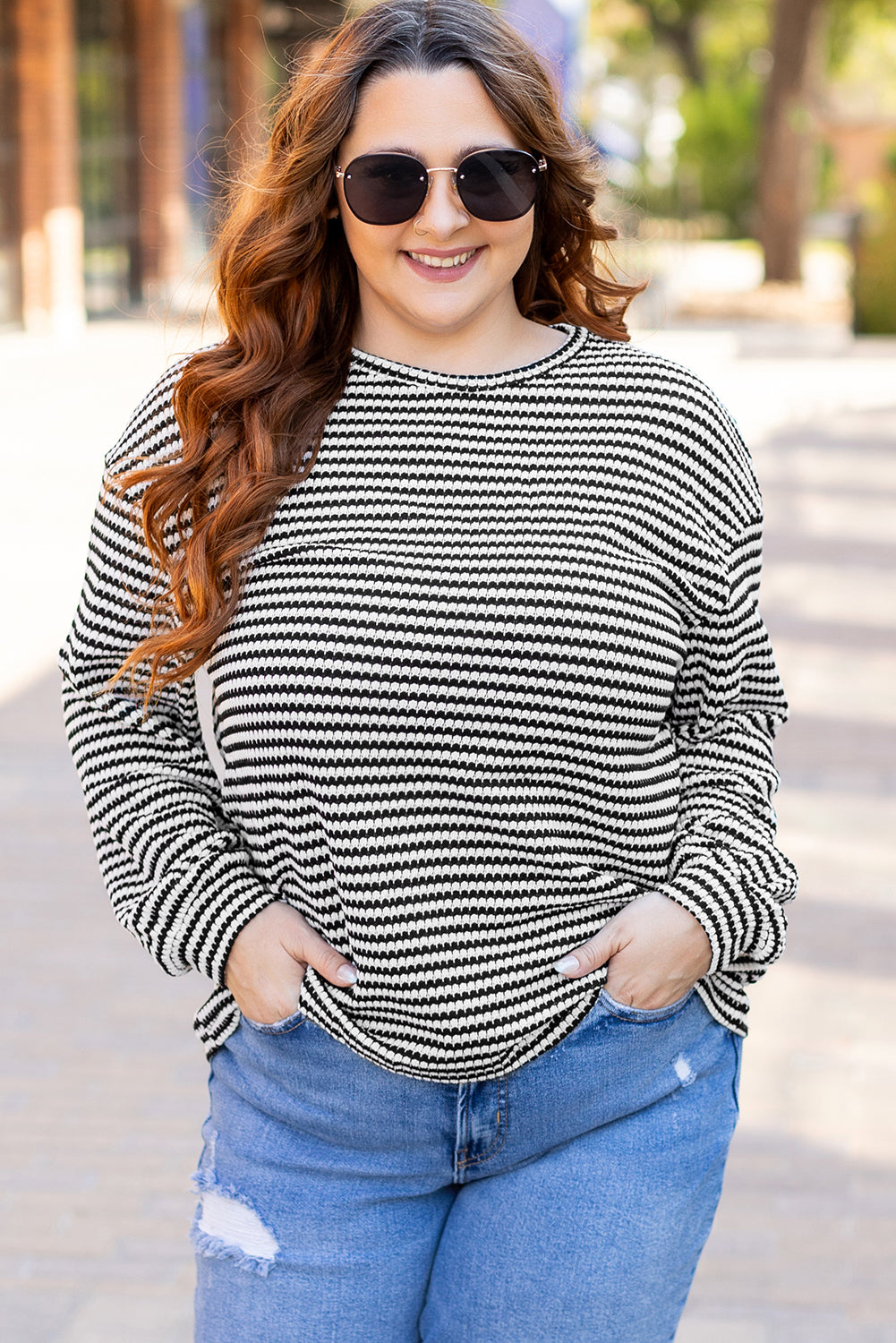 Black Stripe Drop Shoulder Puff Long Sleeve O Neck Plus Size T Shirt Plus Size Long Sleeve Tops JT's Designer Fashion
