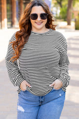 Black Stripe Drop Shoulder Puff Long Sleeve O Neck Plus Size T Shirt Plus Size Long Sleeve Tops JT's Designer Fashion