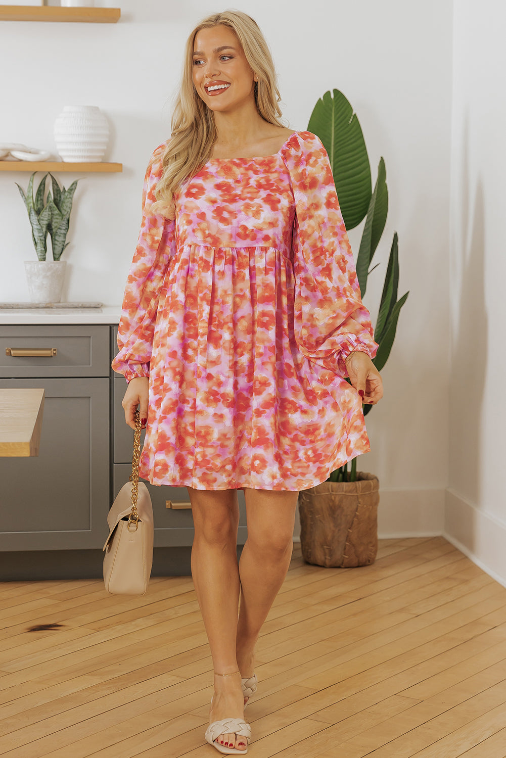 Rose Floral Print Square Neck High Waist Mini Dress Floral Dresses JT's Designer Fashion