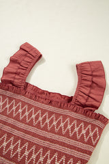 Red Sandalwood Geometric Stitch Shirred Bodice Ruffled Trim Sleeveless Mini Dress Dresses JT's Designer Fashion