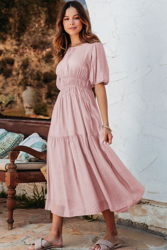 Pink Puff Sleeve Pleated High Waist Flowy Long Dress Maxi Dresses JT's Designer Fashion