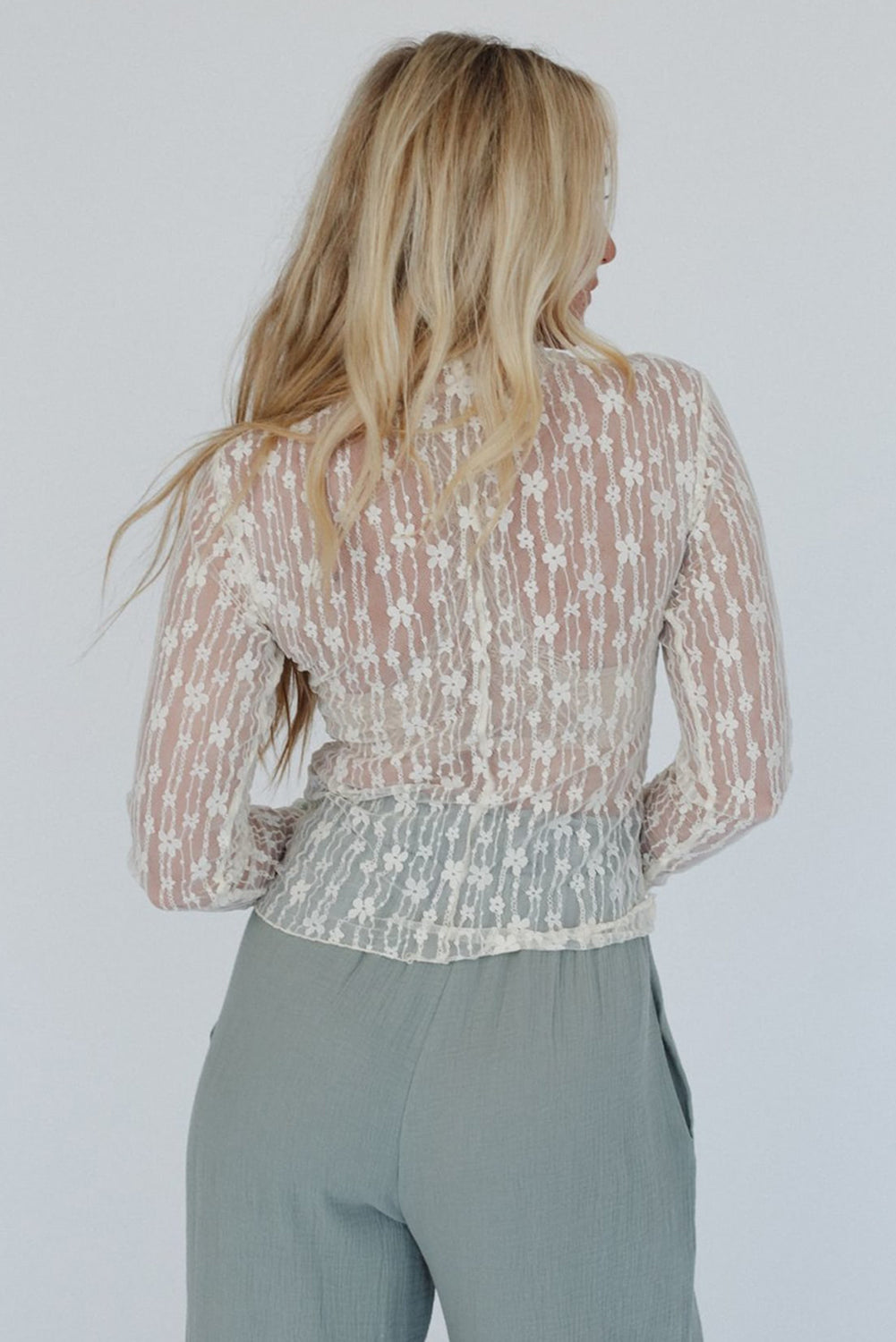 White Sheer Floral Lace Long Sleeve Slim Fit Top Long Sleeve Tops JT's Designer Fashion