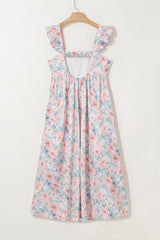 Pink Floral Print Square Neck Backless Long Dress with Slit Maxi Dresses JT's Designer Fashion