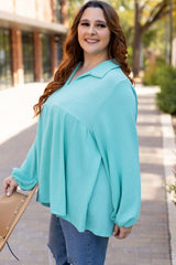 Turquoise Cordrd Balloon Sleeve Collar Plus Babydoll Top Plus Size Long Sleeve Tops JT's Designer Fashion
