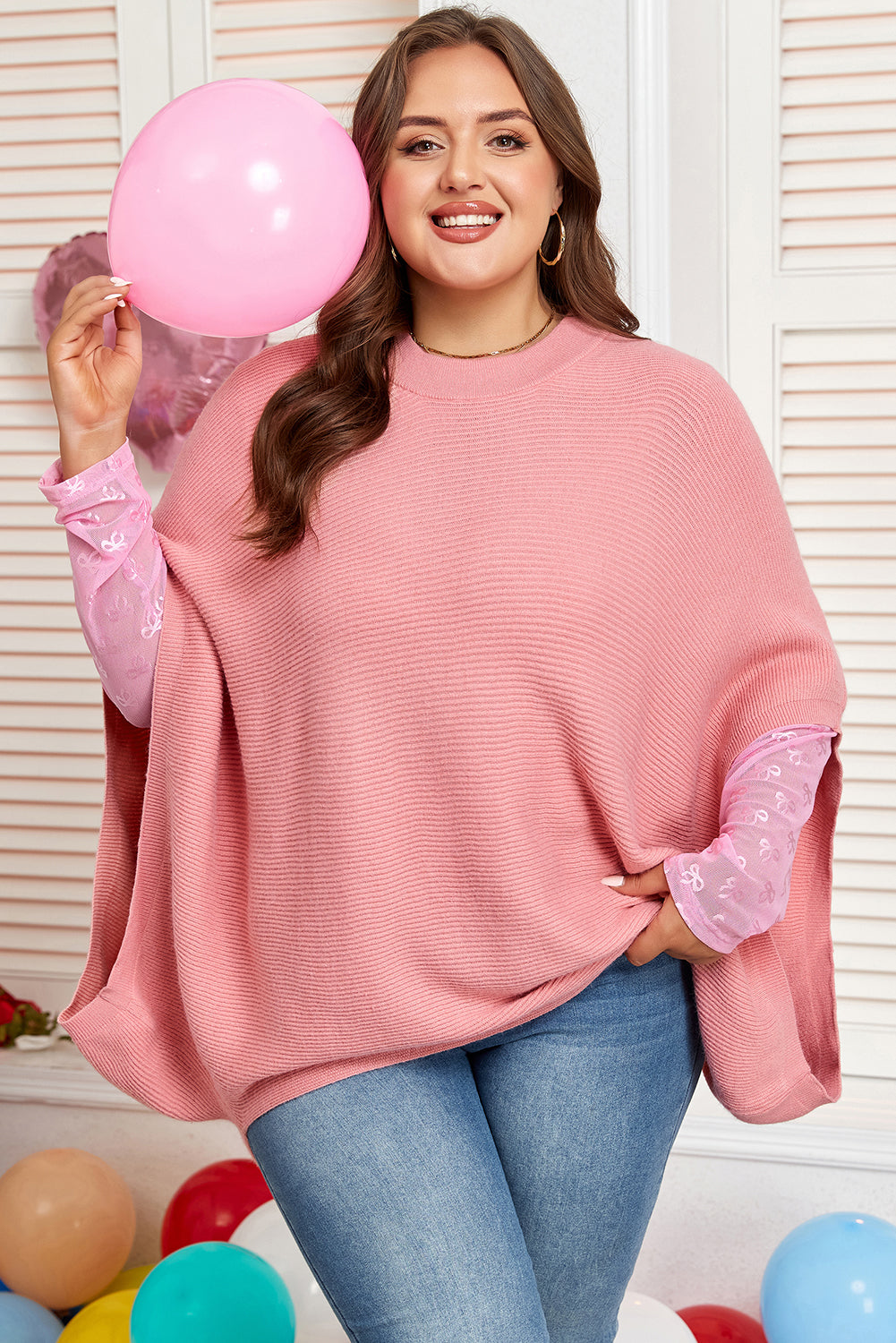 Light Pink Ribbed Knit Half Sleeve Plus Size Poncho Style Sweater Plus Size Sweaters & Cardigans JT's Designer Fashion