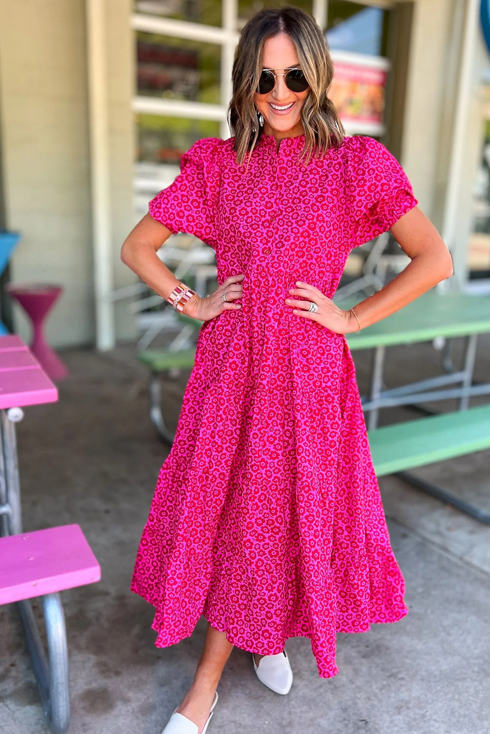 Rose Red Mock Neck Puff Sleeve Leopard Tiered Maxi Dress Dresses JT's Designer Fashion