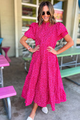Rose Red Mock Neck Puff Sleeve Leopard Tiered Maxi Dress Dresses JT's Designer Fashion