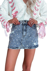 Dusk Blue Rhinestone Distressed Denim High Waist Mini Skirt Skirts & Petticoat JT's Designer Fashion