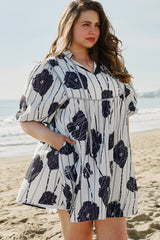 Black Plus Size Floral 3/4 Puff Sleeve Lace-up Neck Mini Dress Plus Size Mini Dresses JT's Designer Fashion