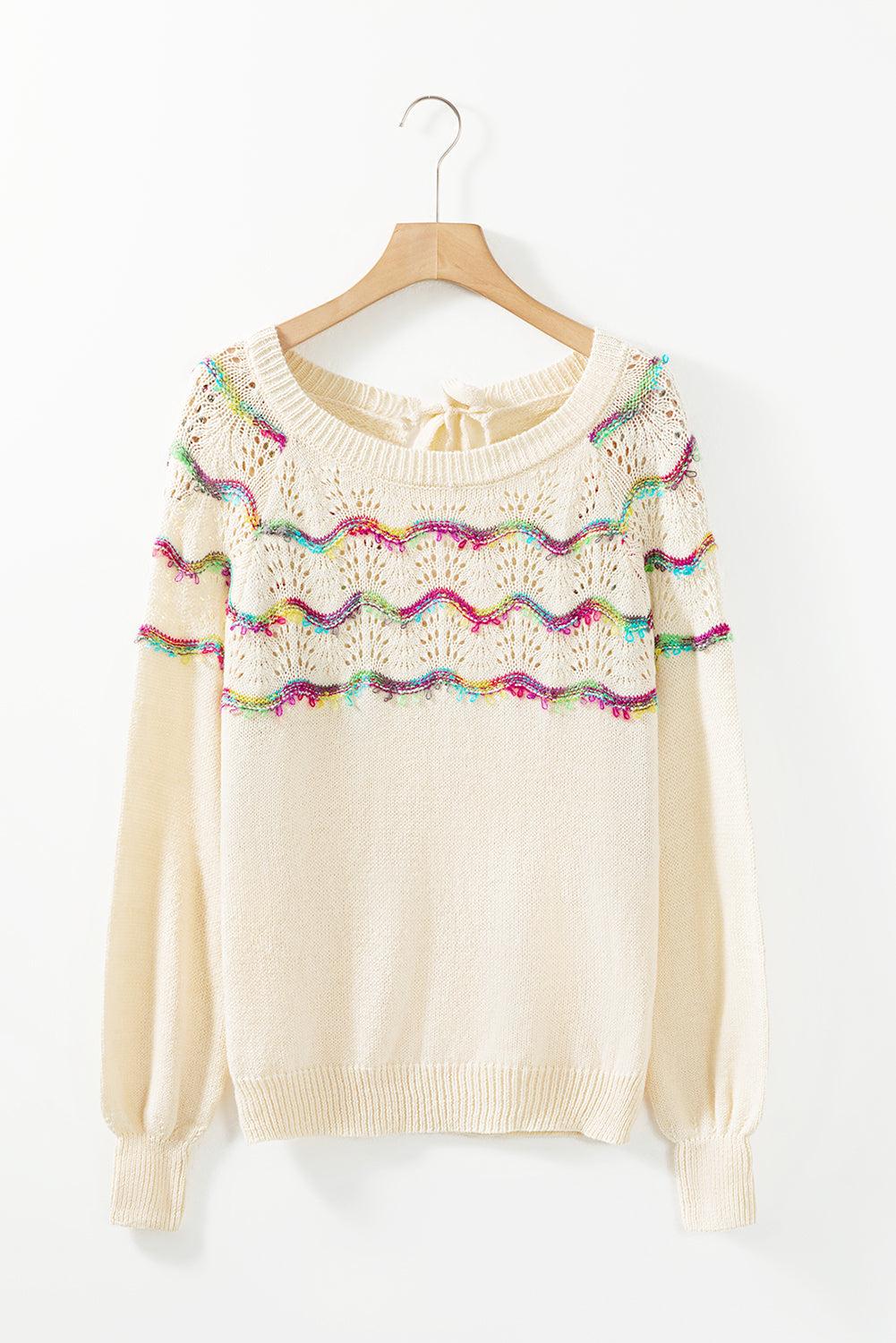 White Wavy Striped Pointelle Bishop Sleeve Sweater Sweaters & Cardigans JT's Designer Fashion
