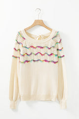 White Wavy Striped Pointelle Bishop Sleeve Sweater Sweaters & Cardigans JT's Designer Fashion