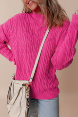 Rose Red Solid Cable Knit High Neck Drop Shoulder Sweater Sweaters JT's Designer Fashion