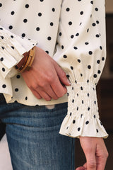 Apricot Polka Dot Print Frilled Collar Lantern Sleeve Blouse Blouses & Shirts JT's Designer Fashion