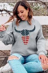 Gray American Flag Steer Head Print Crewneck Pullover Sweatshirt Graphic Sweatshirts JT's Designer Fashion