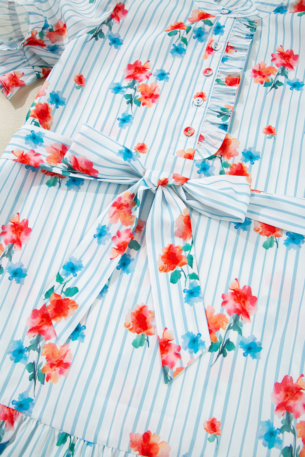 Sky Blue Stripe Floral Pattern Ruffle Short Sleeve Belted Mini Dress Dresses JT's Designer Fashion