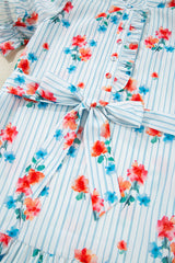 Sky Blue Stripe Floral Pattern Ruffle Short Sleeve Belted Mini Dress Dresses JT's Designer Fashion