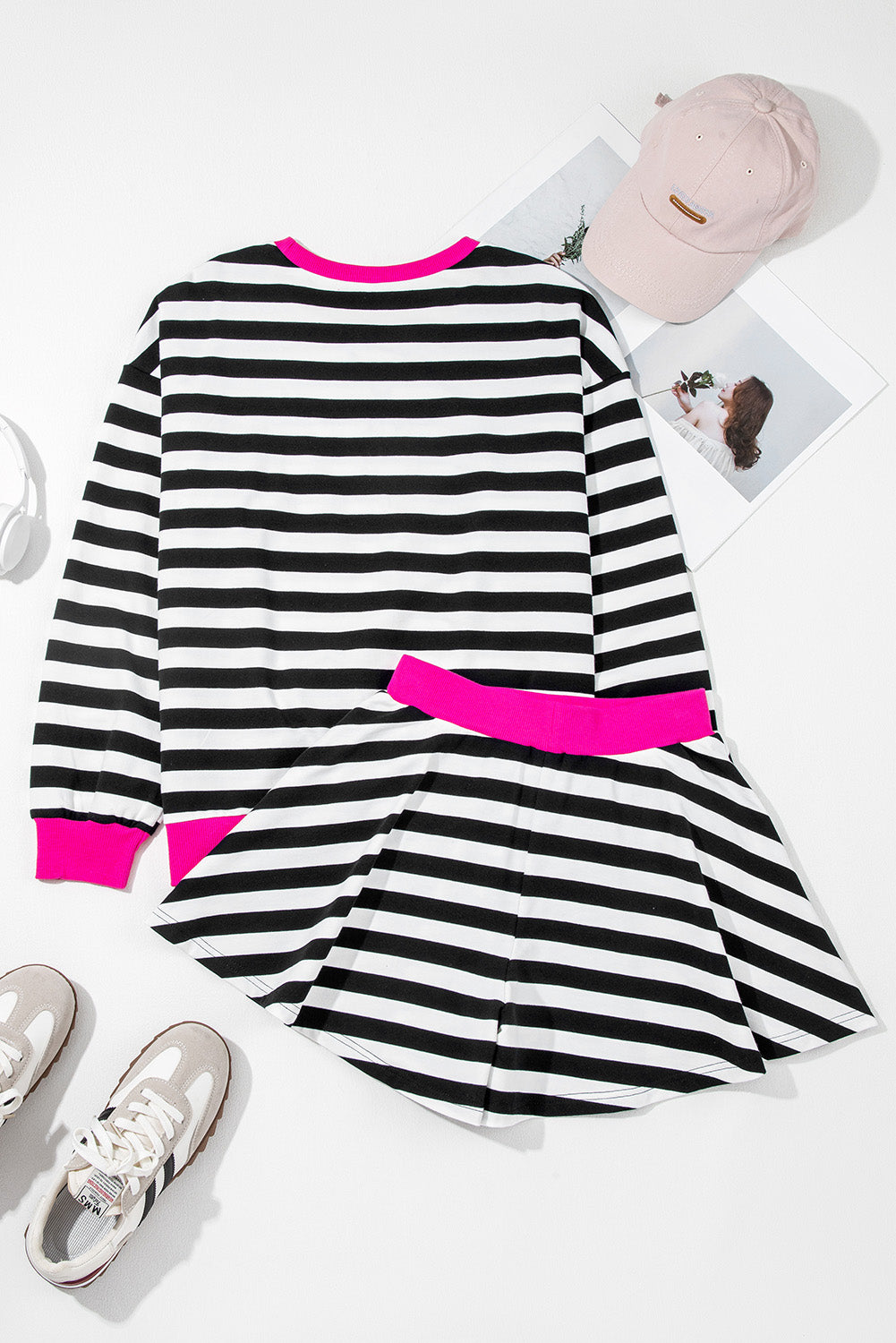 Black Stripe Contrast Ribbed Banding Long Sleeve Blouse Loose Shorts Set Short Sets JT's Designer Fashion