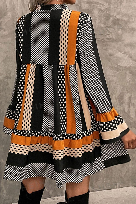 Black Striped Polka Dot Print Ruffled Hem V Neck Mini Dress Mini Dresses JT's Designer Fashion