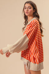 Orange Stripe Color Block Loose Fit Collared Drop Shoulder Sweatshirt Sweatshirts & Hoodies JT's Designer Fashion