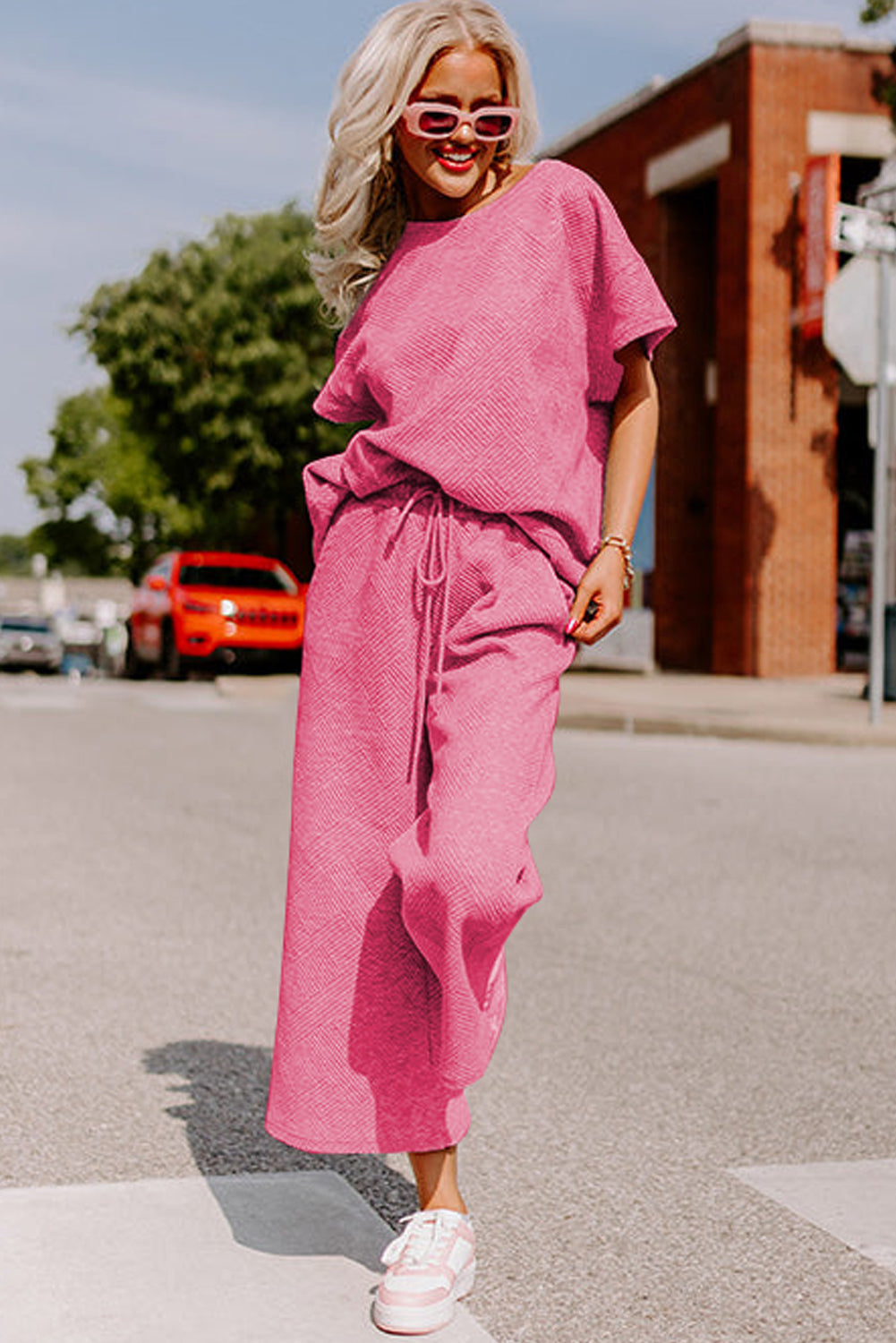 Strawberry Pink Textured Loose Fit T Shirt and Drawstring Pants Set Bottoms JT's Designer Fashion