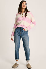 Pink Stripe Cable Knit Collared Henley Sweater Sweaters JT's Designer Fashion