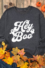 Gray Corded Hey Boo Ghost Graphic Drop Shoulder Halloween Sweatshirt Graphic Sweatshirts JT's Designer Fashion