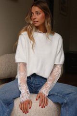 Beige Lace Sleeve Patchwork Faux Two-piece Fuzzy Sweater Sweaters JT's Designer Fashion