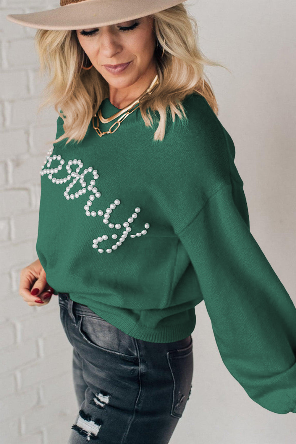 Blackish Green Pearl Beaded Merry Casual Sweater Sweaters JT's Designer Fashion