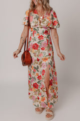 Multicolour Vintage Floral V Neck Short Sleeve Tie Back Long Slit Dress Floral Dresses JT's Designer Fashion