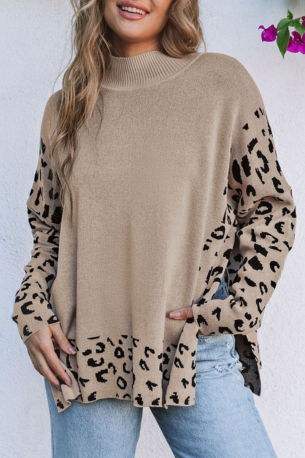 Khaki Leopard High Neck Side Slit Oversized Sweater Sweaters & Cardigans JT's Designer Fashion