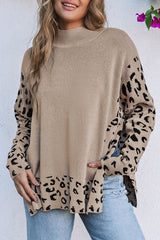 Khaki Leopard High Neck Side Slit Oversized Sweater Sweaters & Cardigans JT's Designer Fashion