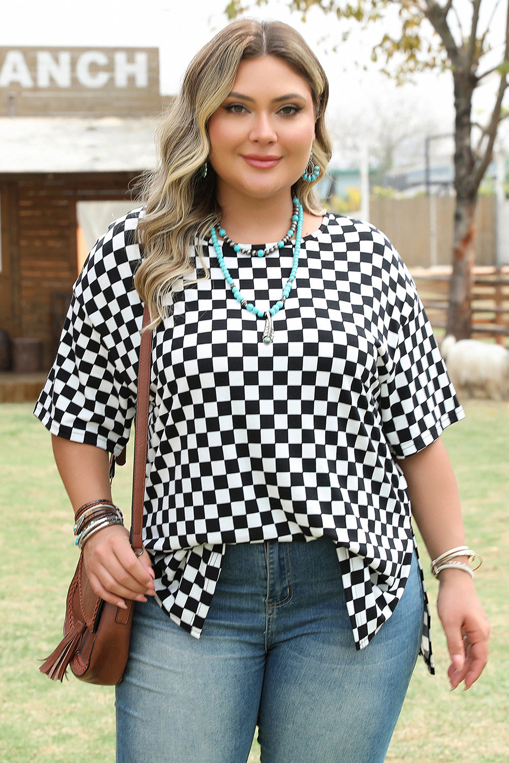 Black Checkered Print Side Slits O Neck Plus Size T Shirt Plus Size Tops & Tees JT's Designer Fashion