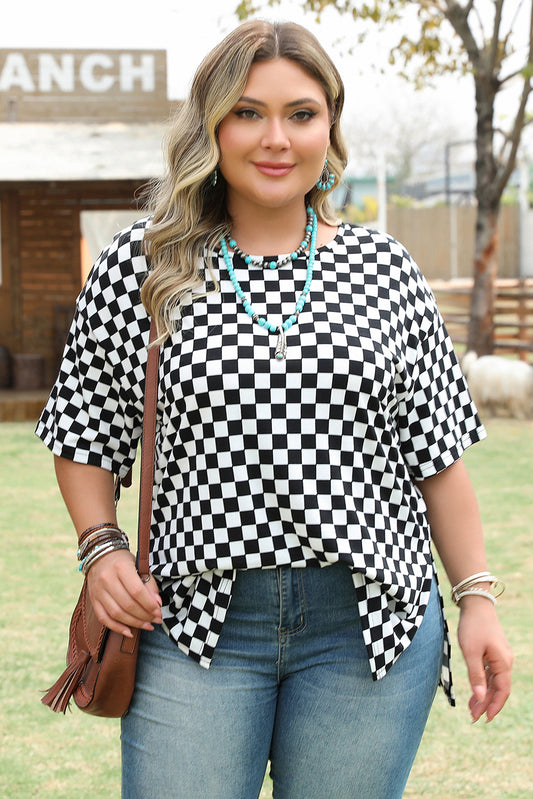 Black Checkered Print Side Slits O Neck Plus Size T Shirt Plus Size Tops & Tees JT's Designer Fashion
