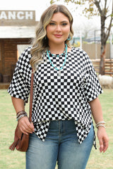 Black Checkered Print Side Slits O Neck Plus Size T Shirt Black 95%Polyester+5%Elastane Plus Size Tops & Tees JT's Designer Fashion