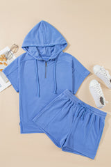 Sky Blue Casual Zipped Short Sleeve Hoodie and Shorts Set Short Sets JT's Designer Fashion