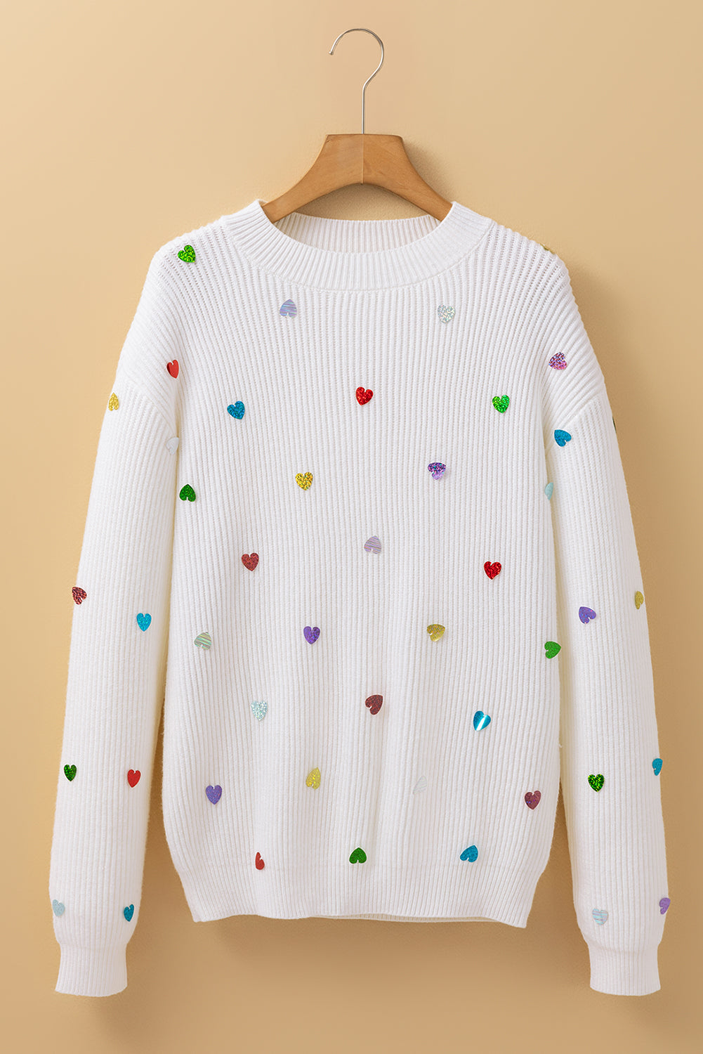 Beige Sequin Heart Shape Waffle Knit Round Neck Sweater Sweaters JT's Designer Fashion