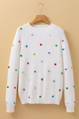 Beige Sequin Heart Shape Waffle Knit Round Neck Sweater Sweaters JT's Designer Fashion